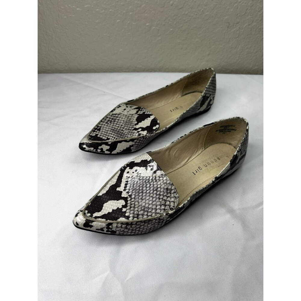 Madden Girl Snake-Print Pointed Flats in Black and White